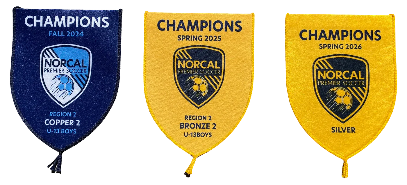 Three SPARTANS NorCal Premier championship banners from Fall 2024, Spring 2025, and Spring 2026